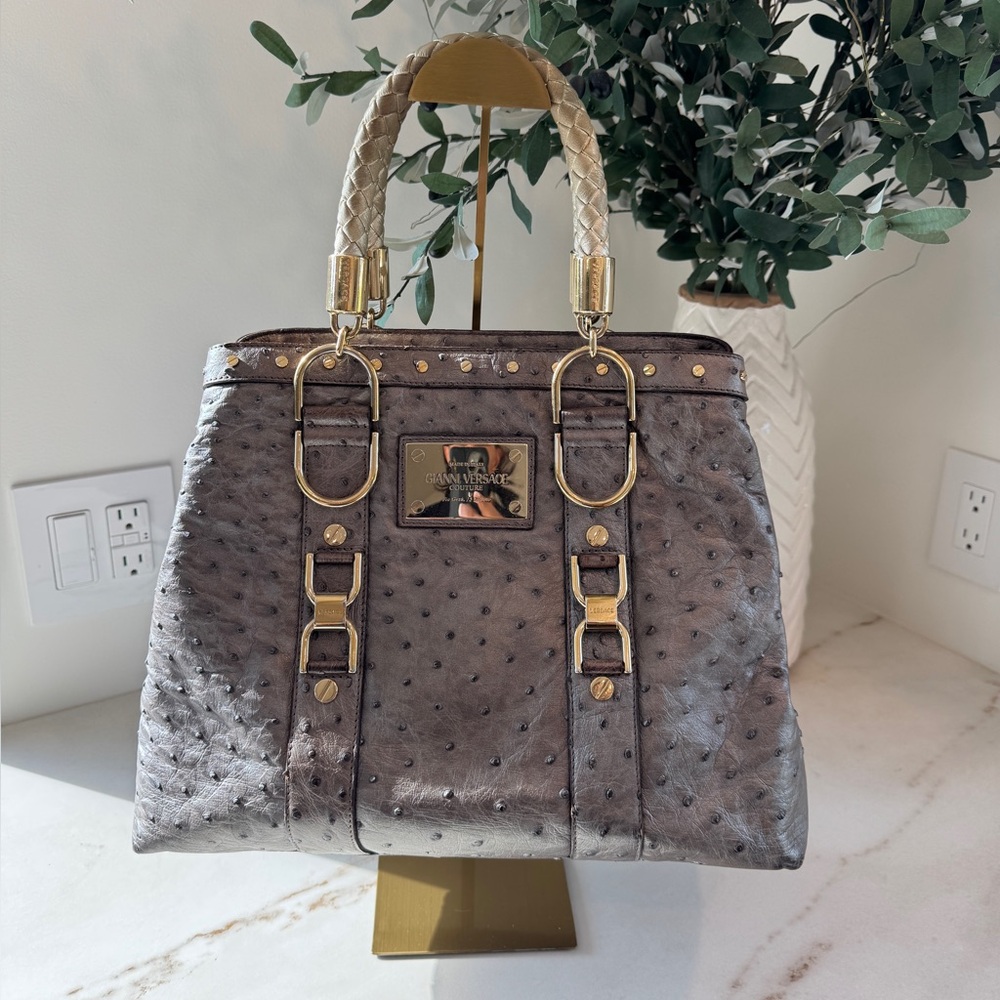 Versace Ostrich Handbag - Silver Grey with Champagne Hardware